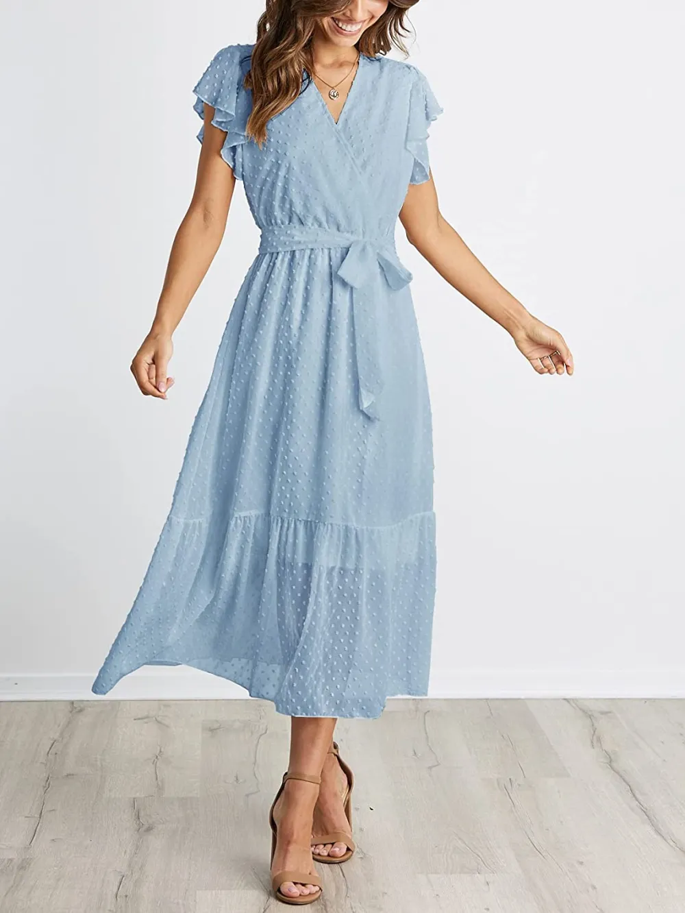 Women Summer Bohemian Floral Casual Wrap V Neck Ruffle Cap Sleeveless Belt A-Line Pleated Hem Swing Midi Sun Dress