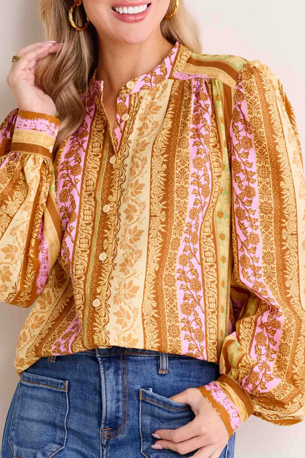 Golden Pattern Balloon Sleeve Button-Front Blouse