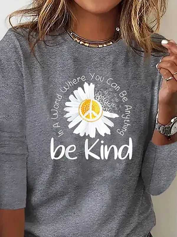 Women Casual Autumn Daisy Daily Loose Long sleeve Crew Neck Regular H-Line T-shirt