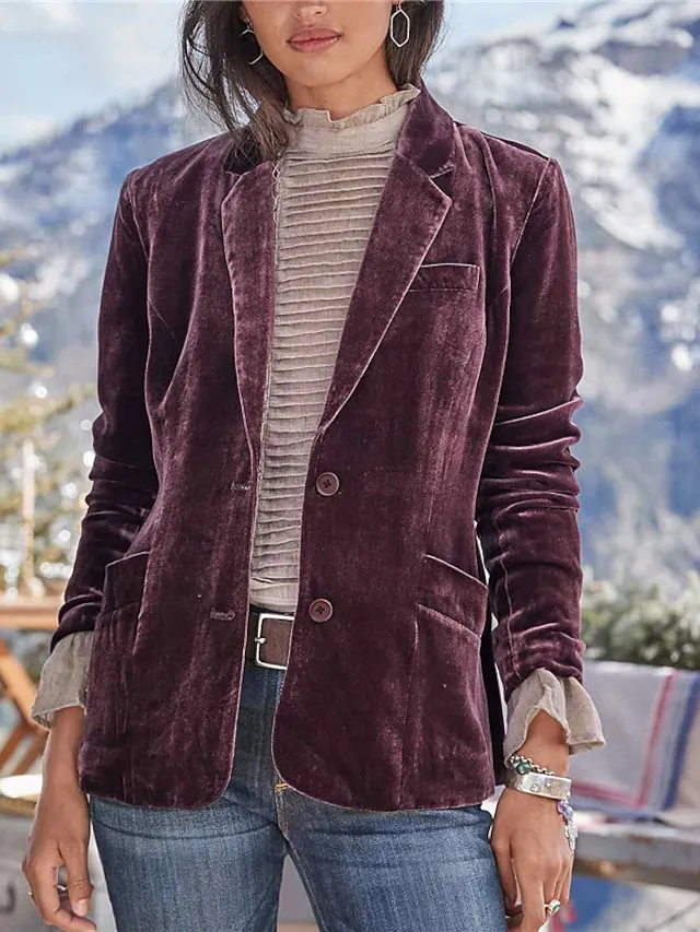 Women's Casual Blazer Velvet Casula Jacket Lapel Collar with Pockets Fall Party Jacket Winter Christmas Regular Fit Warm Stylish Vintage Style Classic Style Jacket Long Sleeve Solid Color Pure Color