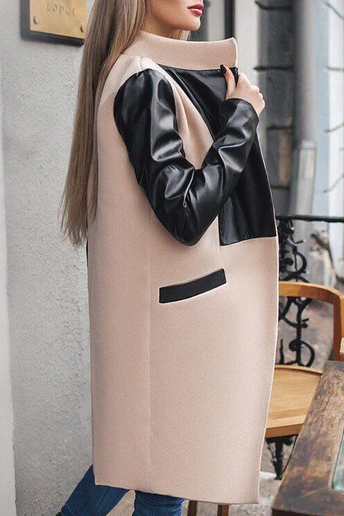 Colorblock Stand Collar Side Pocket Coat