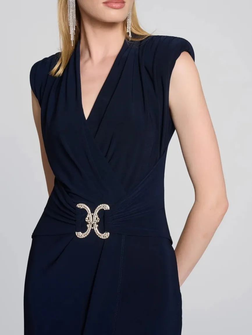 Navy Blue Belted Wrap Midi Dress