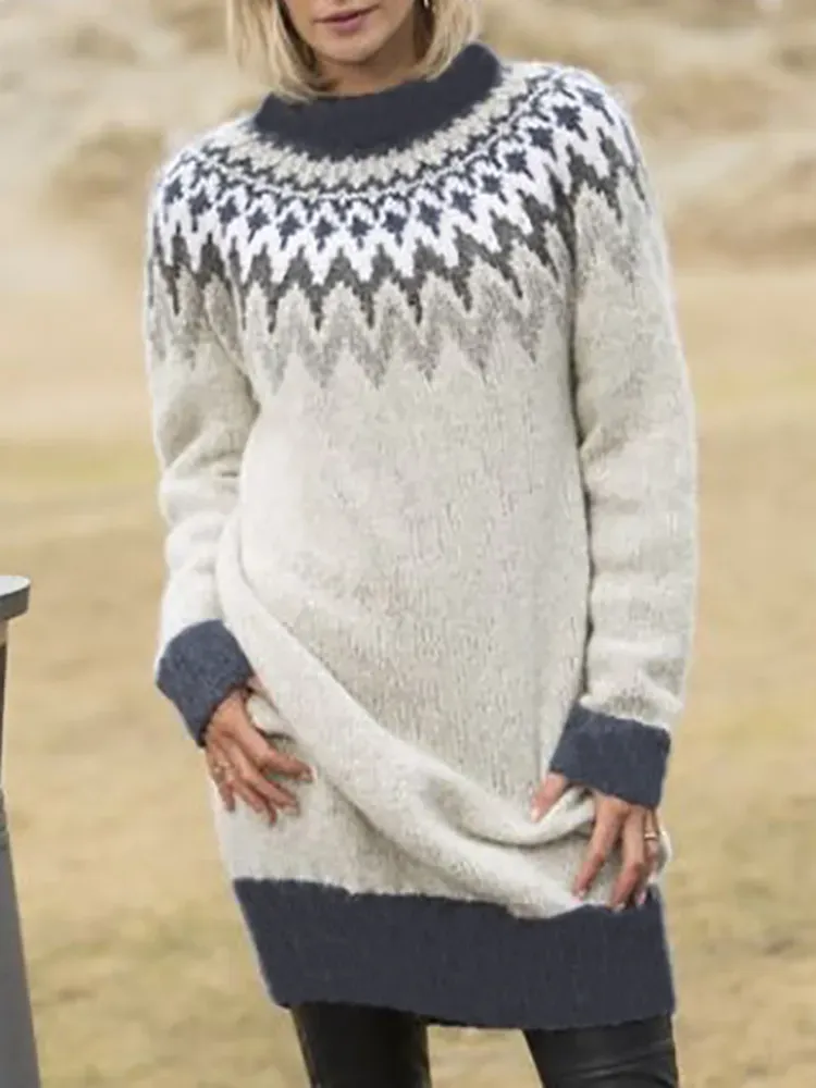 Fairman Island Contrast Print Midi Neck Midi Dress