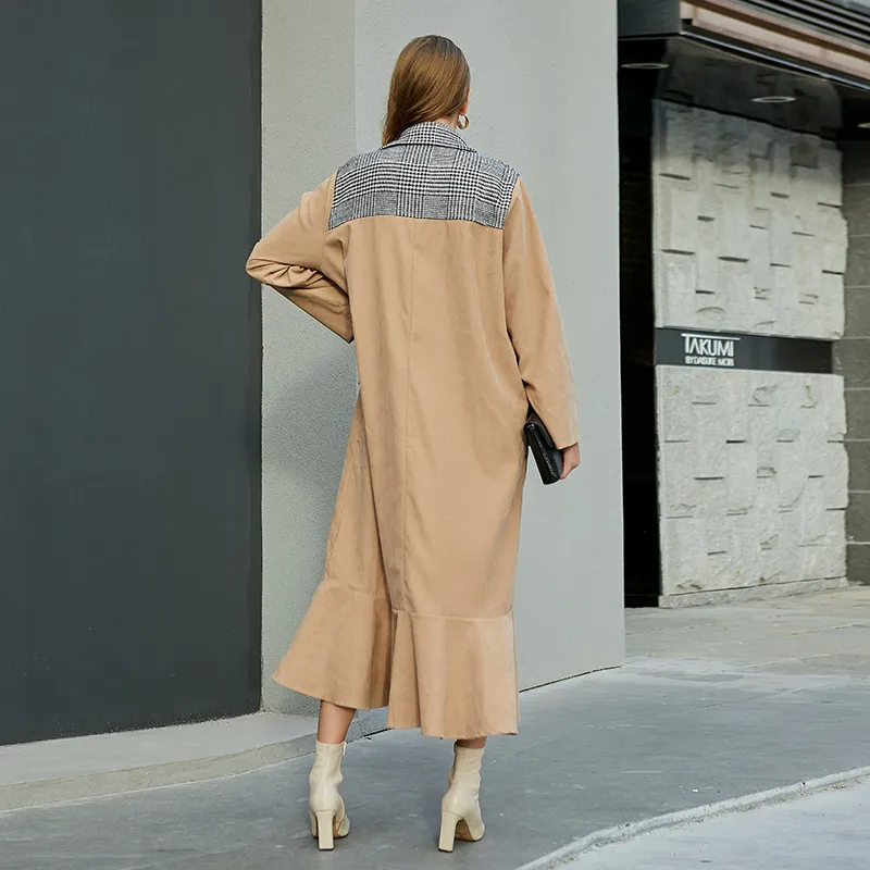 Patchwork Lapel Front Button Ruffle Coat