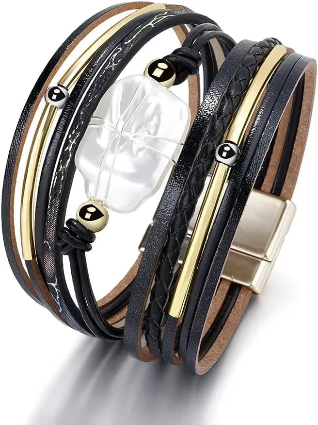 Fesciory Leather Wrap Bracelets for Women, Boho Leopard Multi-Layer Crystal Beads Cuff Bracelet Jewelry