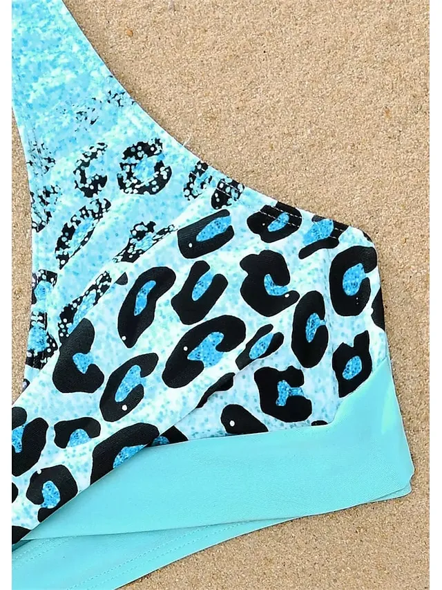 Women's Swimwear Bikini Normal Swimsuit 2 Piece Printing Leopard Blue Bathing Suits Sports Beach Wear Summer