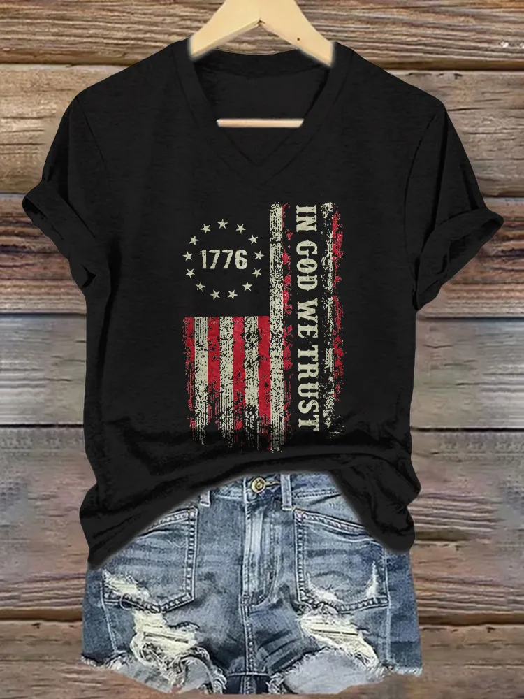 Women's In God We Trust Print Short Sleeve Round Neck Cotton T-Shirt