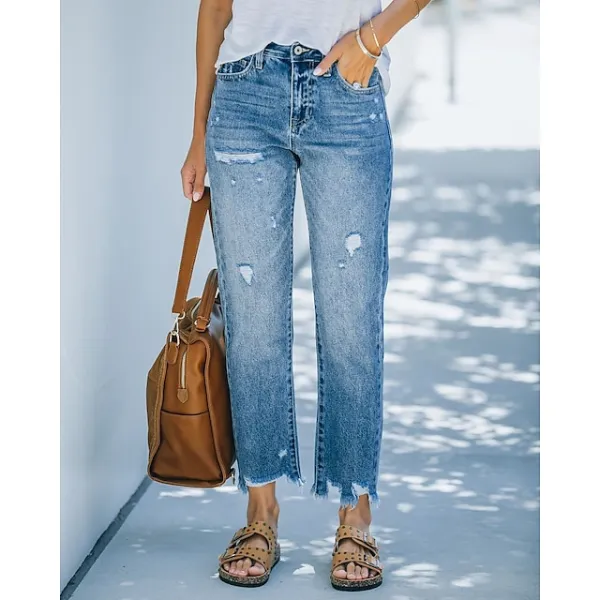 Women‘s Moms Jeans Low Rise Pants Trousers Distressed Ankle-Length Denim Side Pockets Micro-elastic Mid Waist Fashion Casual Weekend Blue S M Summer Spring & Fall
