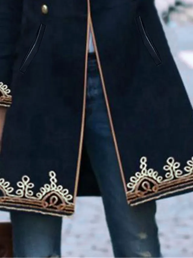 Women's Winter Coat Long Overcoat Fall Botton Lapel Pea Coat Floral Print Formal Comfortable Artistic Style Elegant Outerwear Long Sleeve Black S