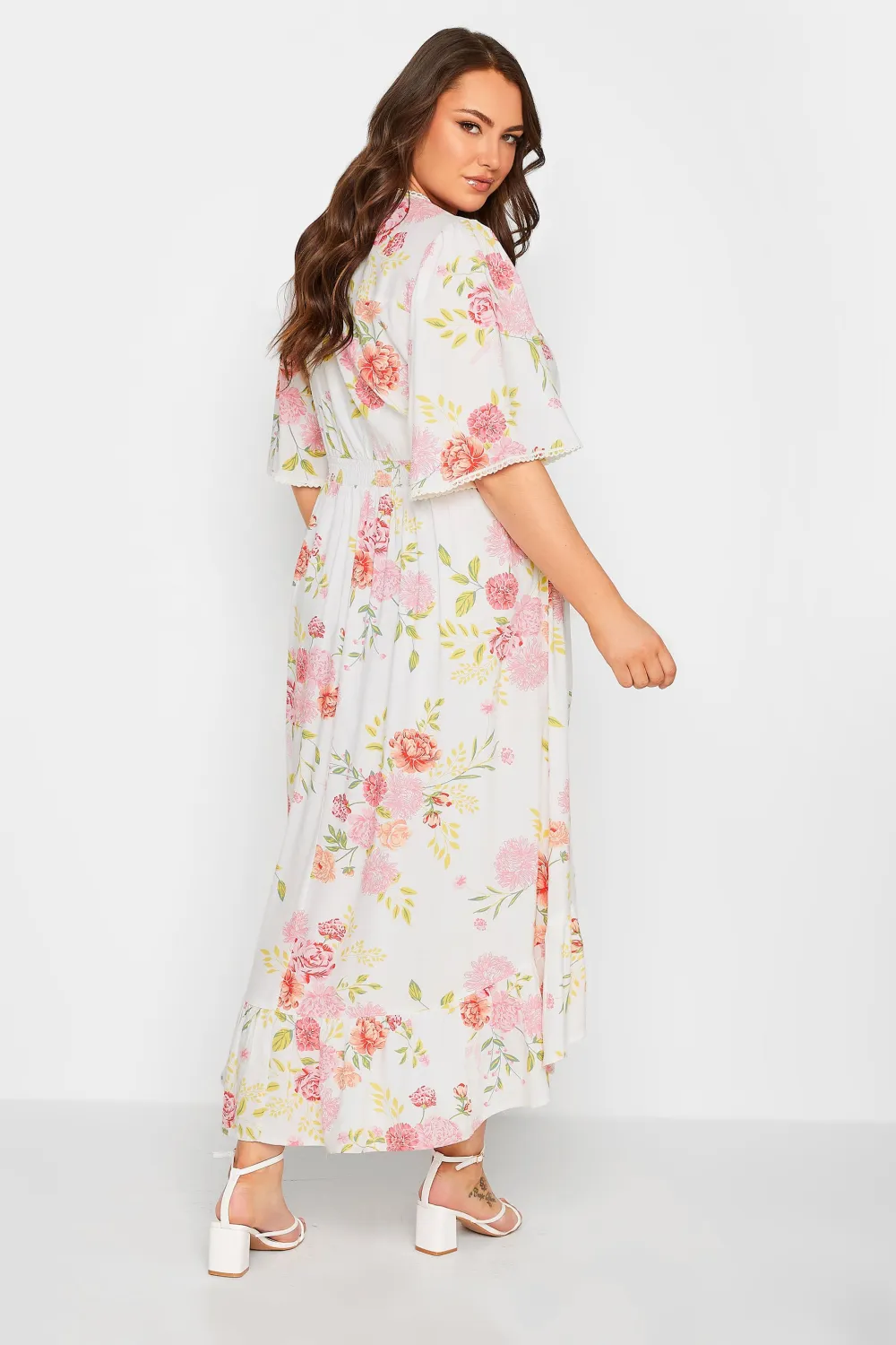 YOURS Curve White Floral Print Dipped Hem Midi Dress