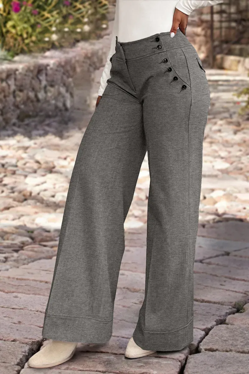Solid Button Decor Mid Waist Wide Leg Pants