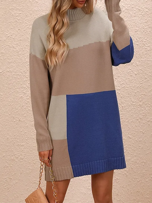 Women's Sweater Dress Jumper Dress Winter Dress Mini Dress Knitwear Fashion Casual Color Block Outdoor Daily Vacation Going out Crew Neck Long Sleeve Patchwork 2023 Loose Fit Black Blue khaki S M L XL