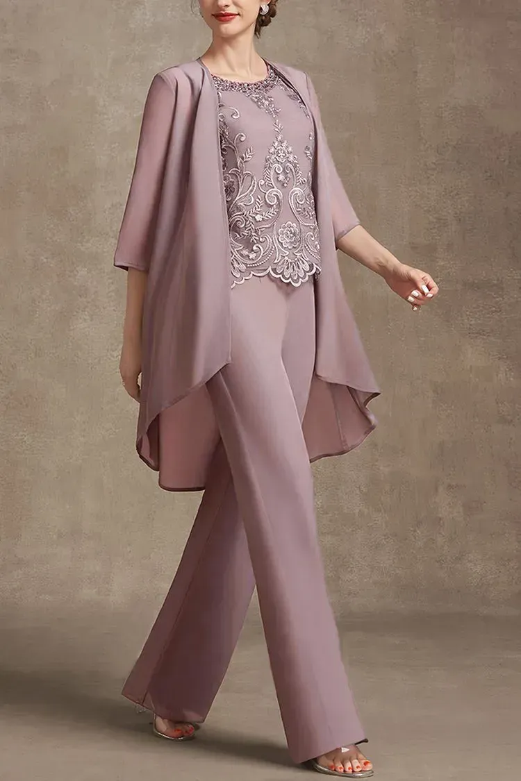 Plus Size Embroidery Chiffon Three Pieces Set Pant Suits