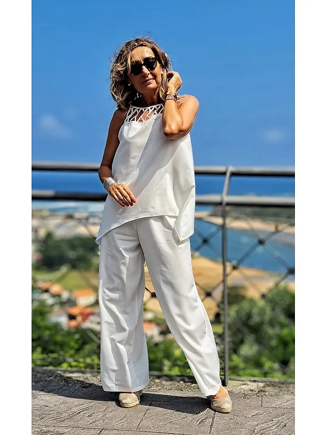 Women's Sets 2 Pieces Flower Comfort Home Cotton Blend Comfort Halter Sleeveless Hole Summer Spring Lake blue Black