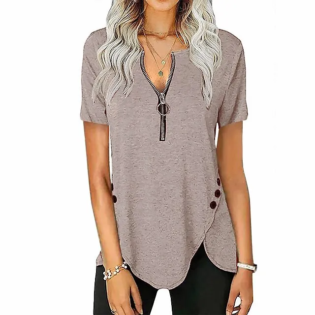 Women‘s Casual Short-Sleeved Top V-Neck Zipper Solid Color Button T-shirt Blouse