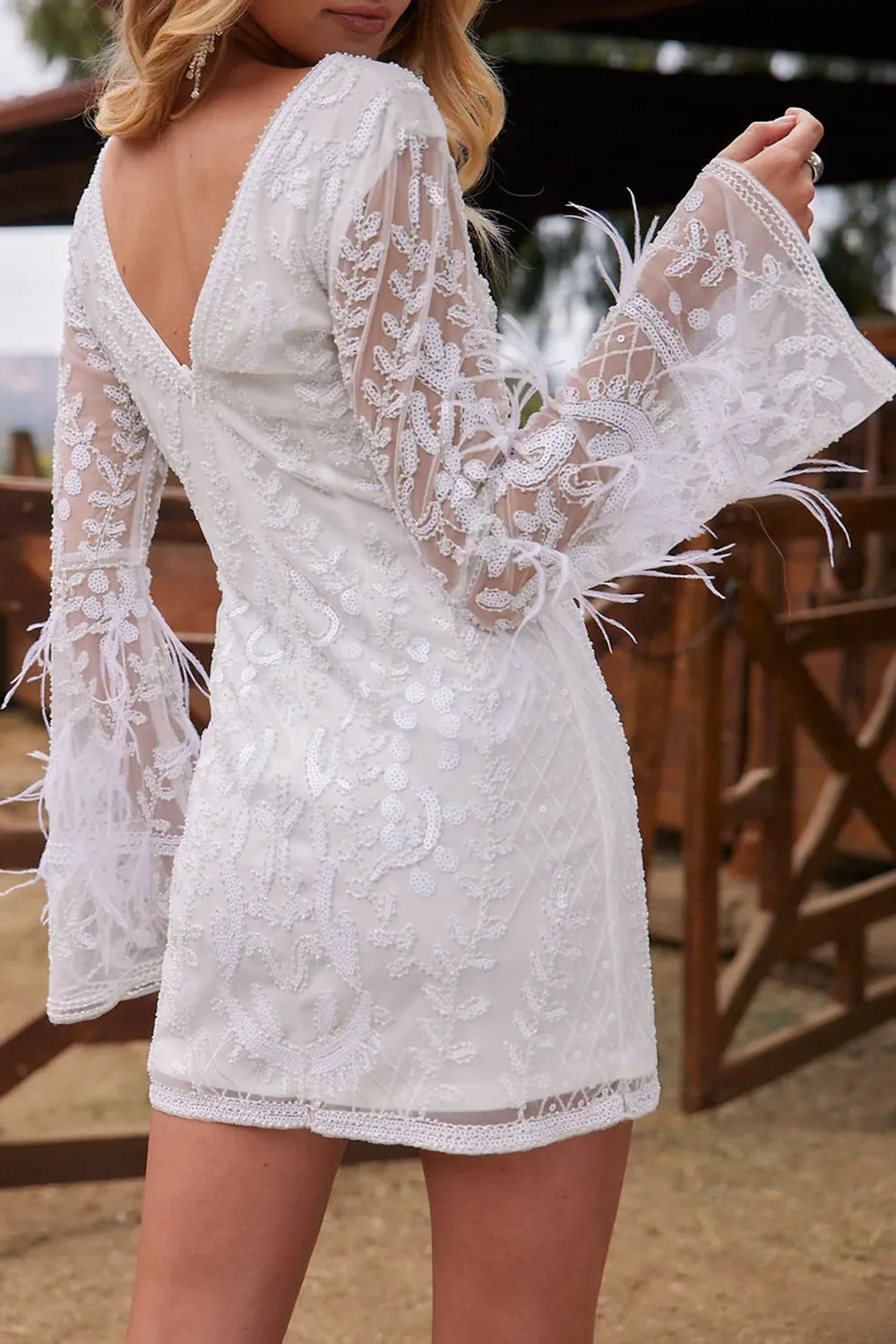 White Printed Sequin Long Sleeve Dress