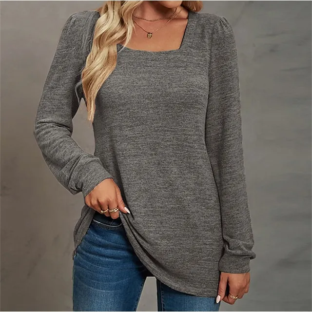 Women's T shirt Tee Cotton Light Blue Pink Apricot Plain Long Sleeve Casual Daily Holiday Basic U Neck Regular Fit Fall & Winter