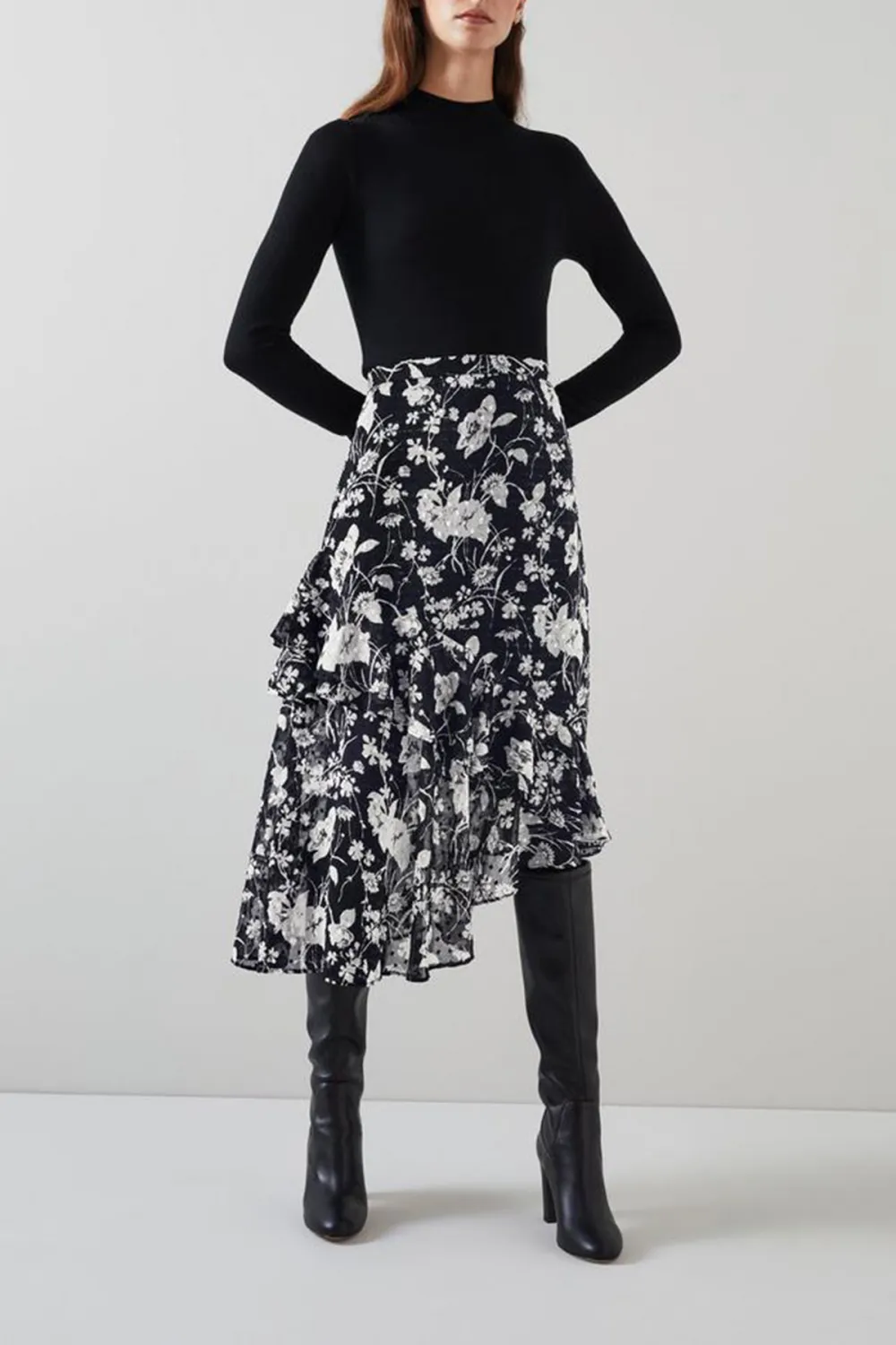 Black Cream Floral Print Tiered Midi Skirt