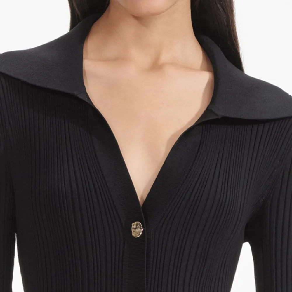 Black Ribbed Knit Fluted Midi Dress