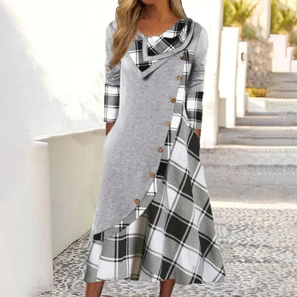 Women's Long Sleeve Scoop Neck Plaid Printed Button Stitching Midi Dress