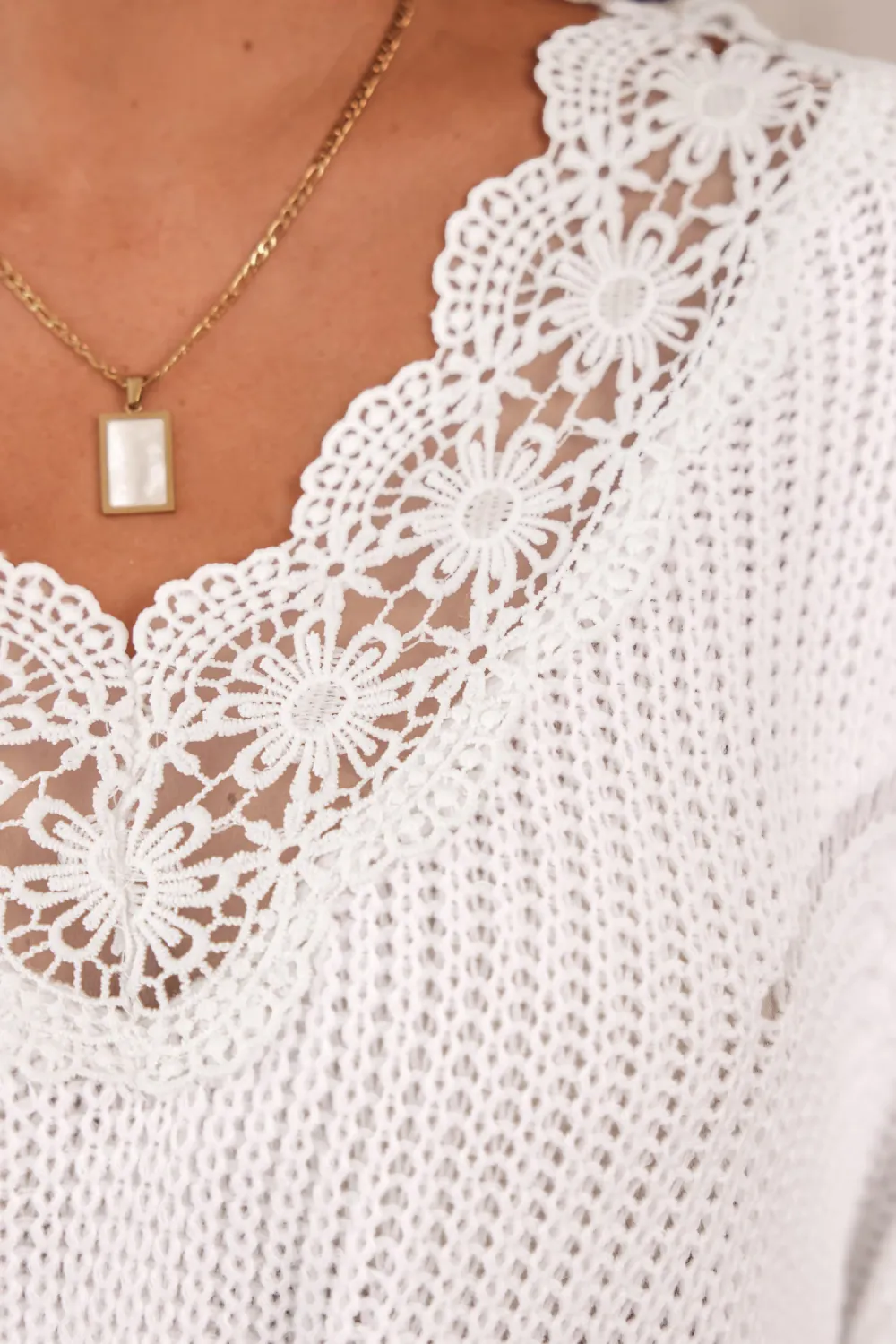 Floral Lace Pointelle Knit Scalloped Sweater