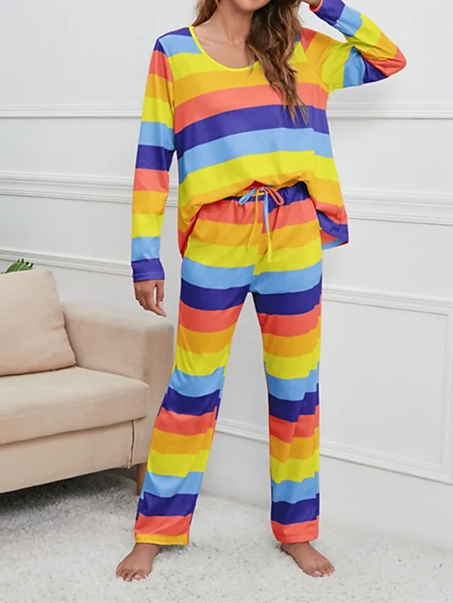Women's Pajamas Nighty Pjs Sets 2 Pieces Rainbow Stripe Fashion Comfort Soft Home Daily Bed Cotton Breathable V Wire Long Sleeve T shirt Tee Pant Spring Fall Yellow Blue