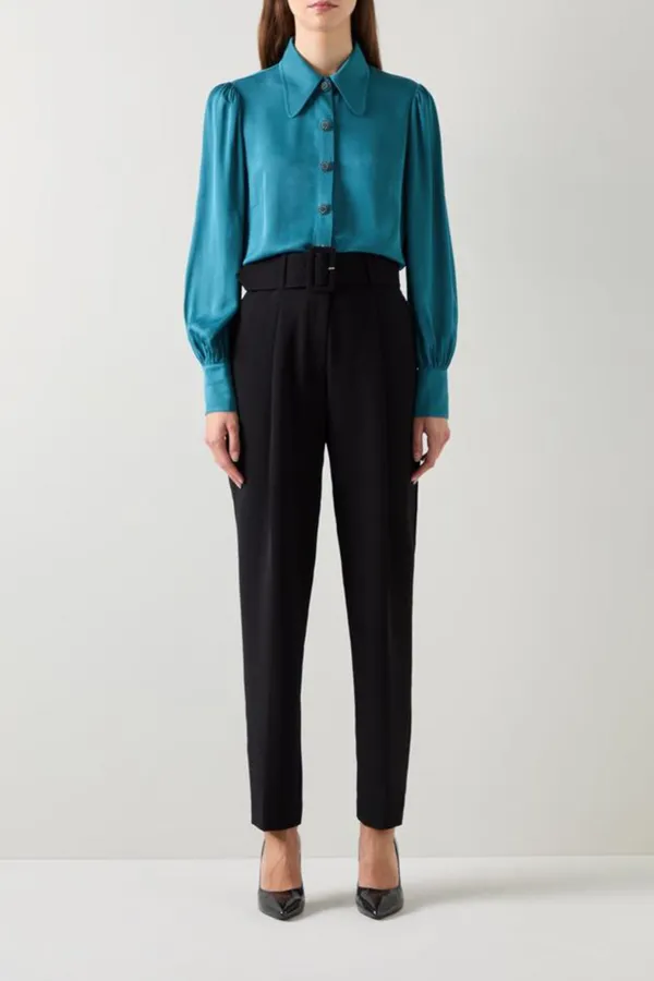 Teal Long Sleeve Button Down Silk Blouse