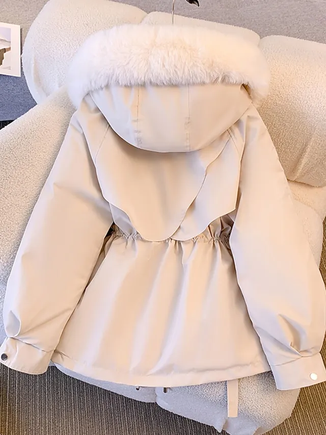 Women's Puffer Jacket Winter Fleece Parka with Collar Drawstring Zipper Coat Windproof Warm Hoodie Jacket with Pockets Fashion Street Outerwear Brown Black Khaki