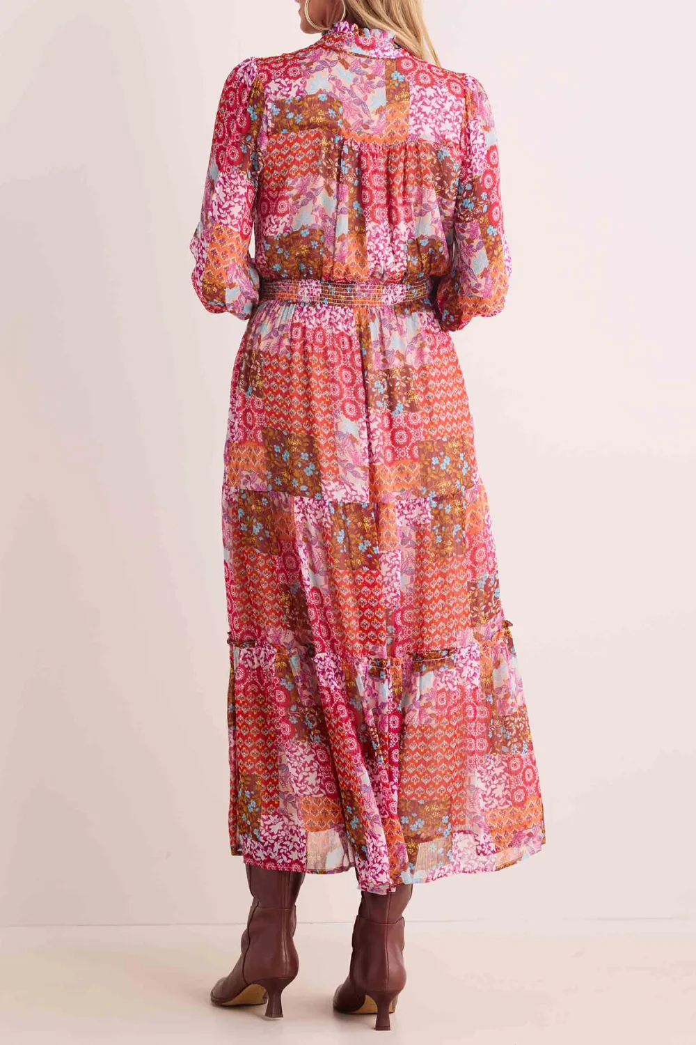 Salmon Pink Print Stand Collar Maxi Dress