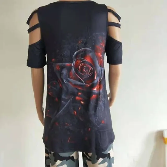 Women Tops T-Shirt Hollow-Out Shoulder Short Sleeve Casual Blouse Shirts Flower Print V-Neck Zipper Shirt