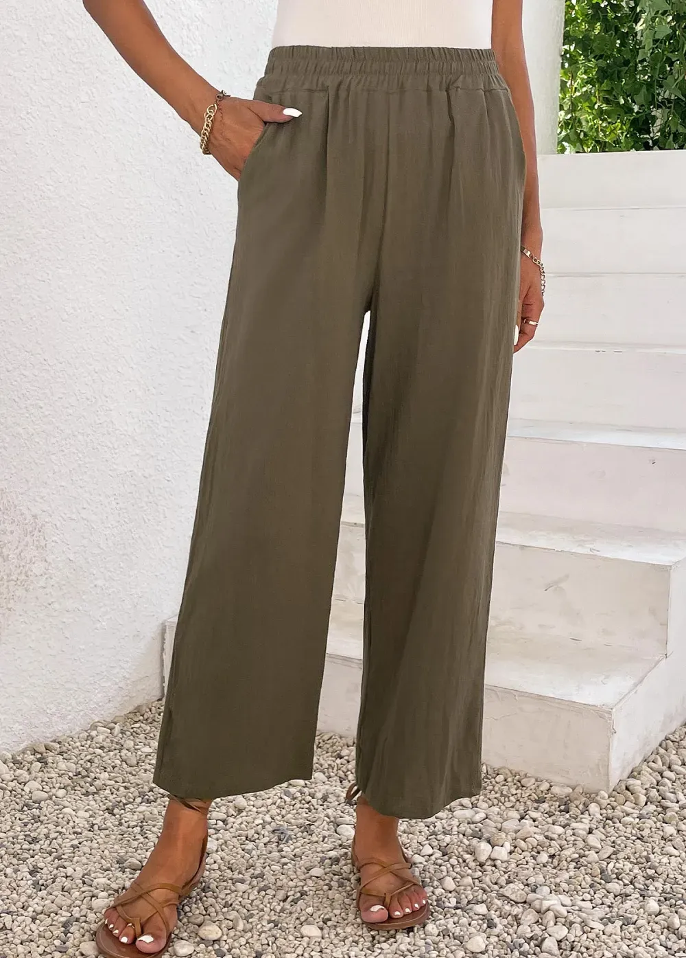 Olive Green Pocket Elastic Waist High Waisted Pants