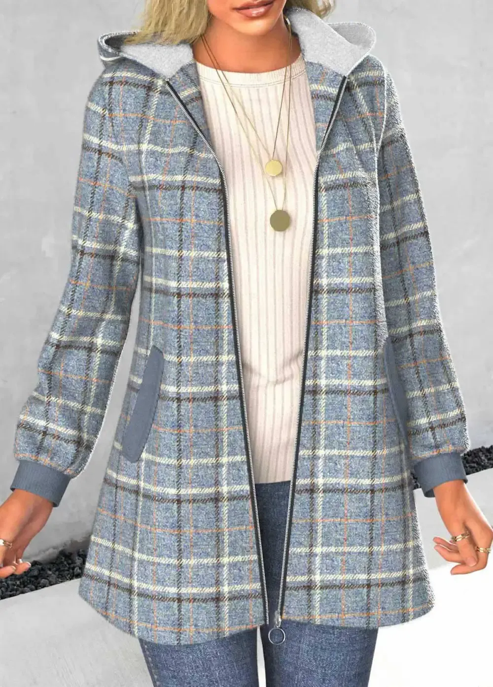 Dusty Blue Zipper Plaid Long Sleeve Hooded Coat