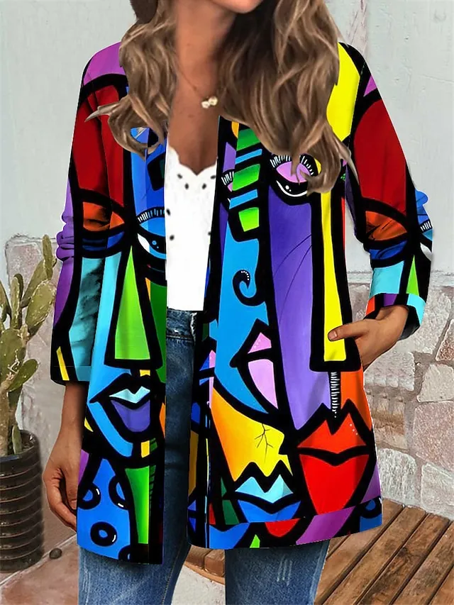 Women's Jacket Casual Jacket Regular Lips Print Coat Blue Purple Casual Daily Autumn / Fall Open Front Round Neck Regular Fit S M L XL XXL 3XL / Windproof / Color Block / Portrait