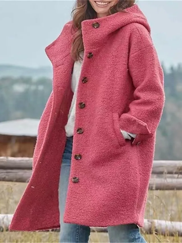 Women's Winter Coat Long Overcoat with Hood Fall Pea Coat Single Breasted Jacket with Pockets Warm Windproof Trench Coat Long Sleeve Black Royal Blue Fuchsia