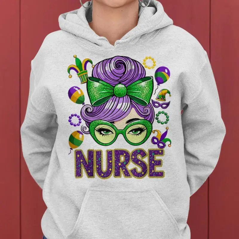 Mardi Gras Nurse Messy Bun Mask Beads Mardi Gras Women Hoodie