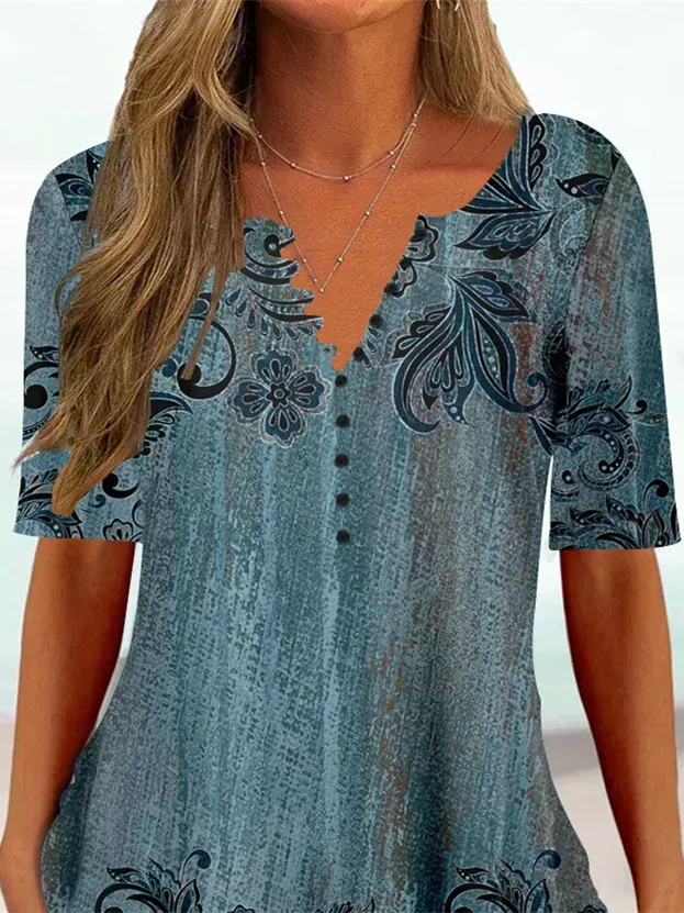 Women Half Sleeve V-neck Floral Printed Tops