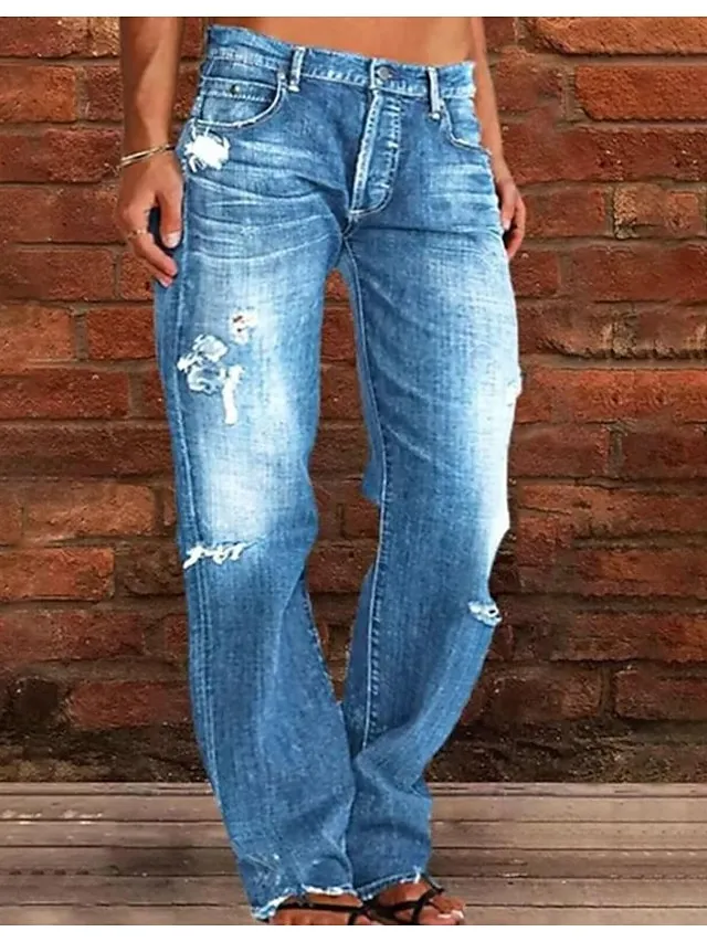 Women‘s Moms Jeans Low Rise Distressed Straight Full Length Denim Pocket Ripped Low Rise Casual Lounge Casual Daily Black Navy Blue S M