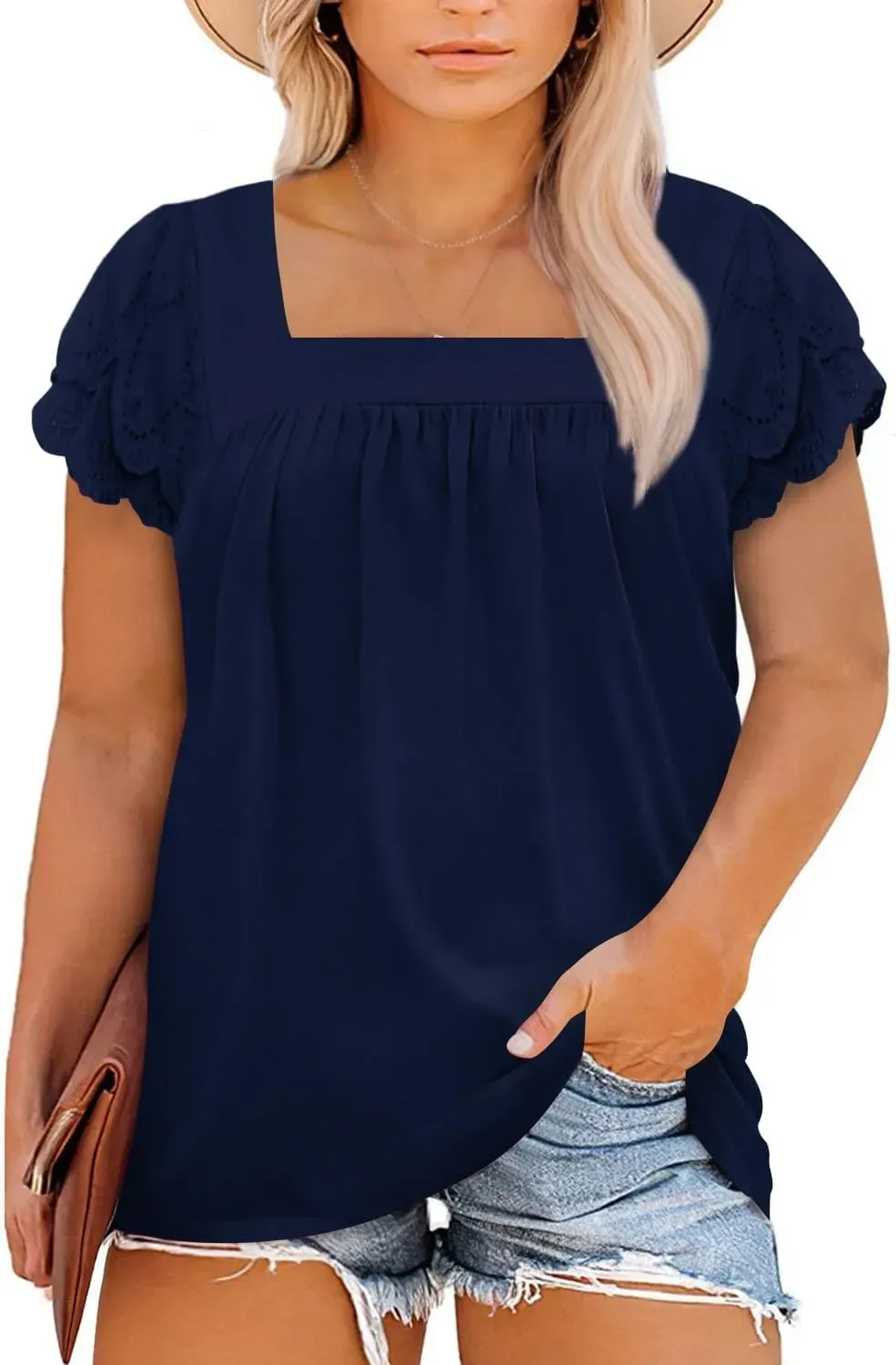 Eytino Womens Plus Size Tops Ruffle Short Sleeve Square Neck Summer Loose Casual Tee Shirts(1X-5X)