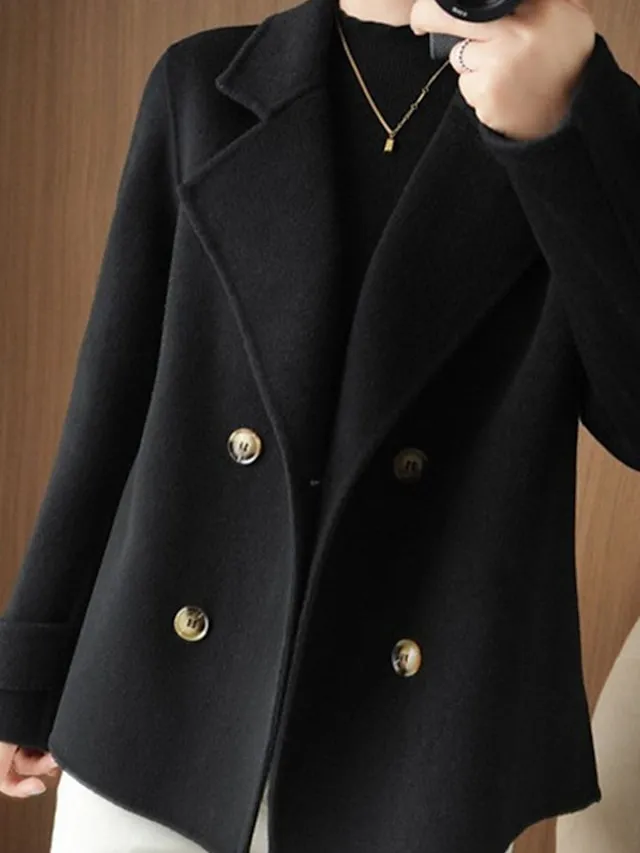 Women's Winter Blazer Coat Fall Double Breasted Lapel Jacket Wool Blend Short Coat with Pockets Warm Black White Camel