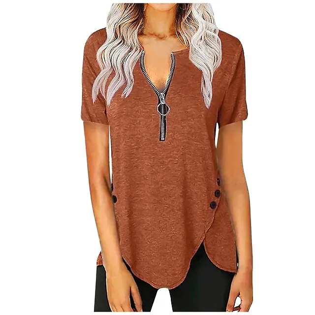 Women‘s Casual Short-Sleeved Top V-Neck Zipper Solid Color Button T-shirt Blouse