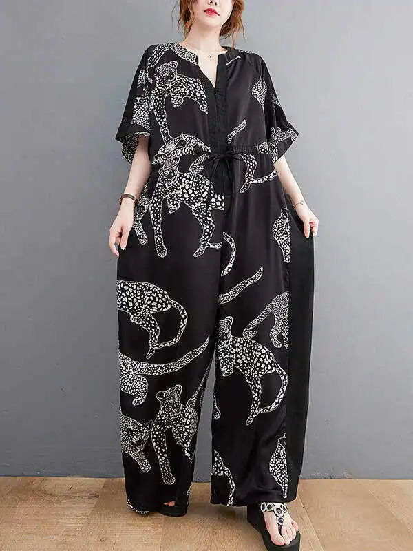 Vintage Original Floral Leopard Printed Split-Joint Tied V-Neck Half Sleeves Wide Leg Jumpsuits