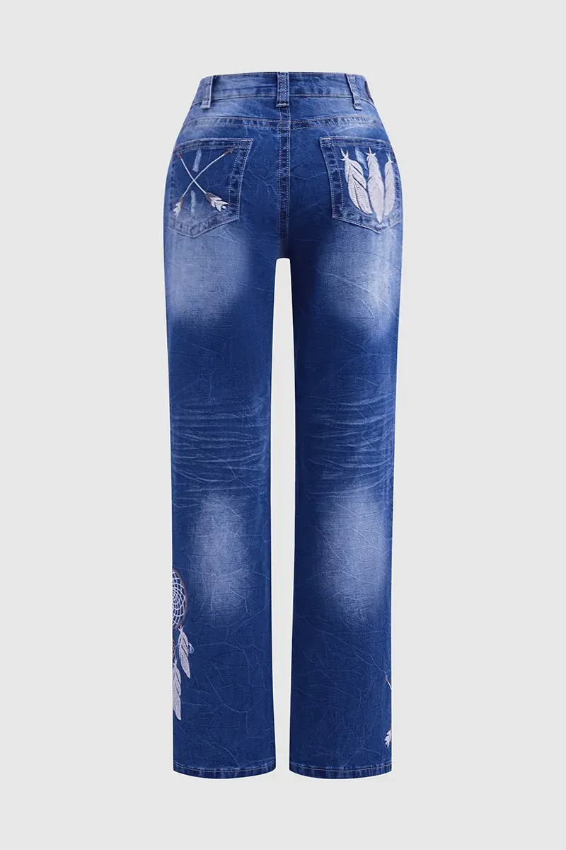 Vintage Feather Pattern Ripped Low Waist Bootcut Jeans