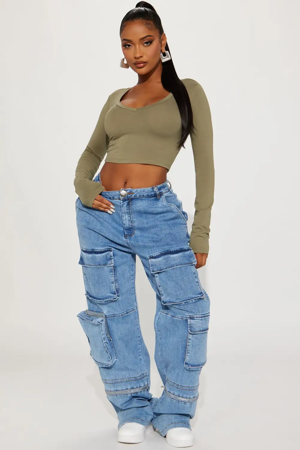 Carly V Neck Crop Long Sleeve Tee - Olive