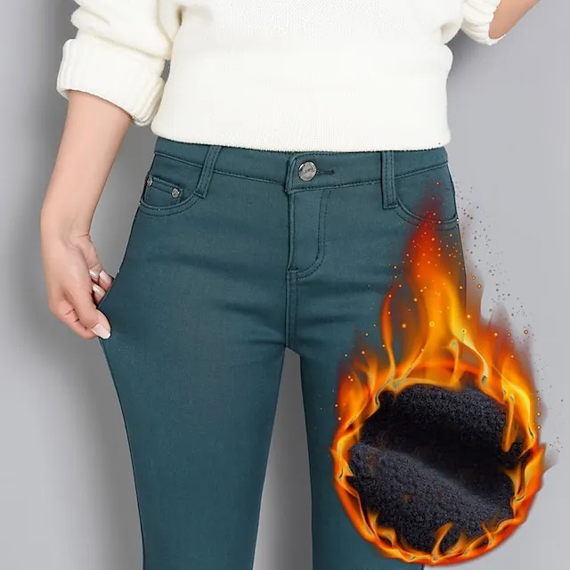 Women‘s Fleece Pants Tights Flannel Trousers lined Blue Purple Wine High Waist Fashion Office Causal Side Pockets High Elasticity Full Length Thermal Warm S M L XL XXL