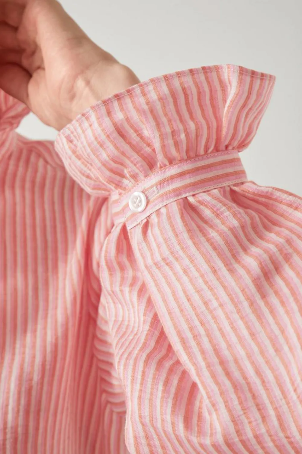 Pink Striped Ruffle Trim Button Down Shirt