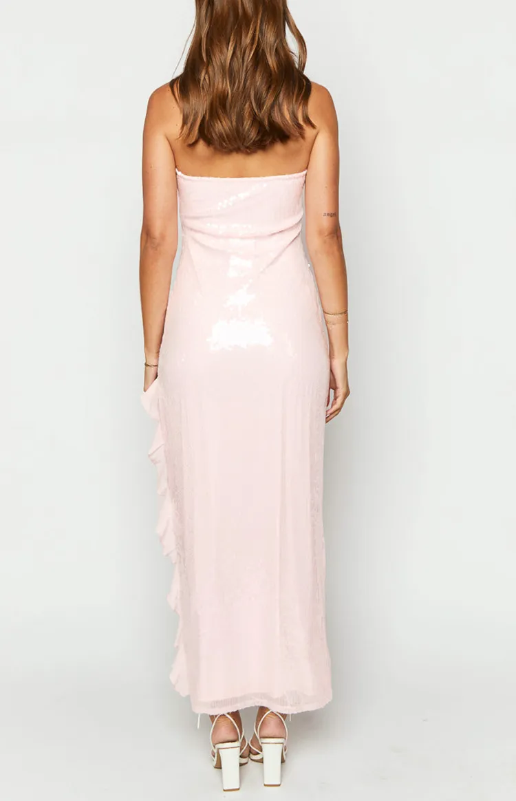 Pink Sequin Strapless Asymmetrical Gown Formal Dresses