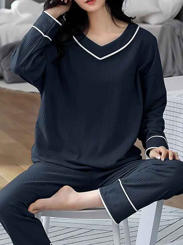 Women's Pajamas Nighty Pjs Sets 2 Pieces Pure Color Fashion Simple Comfort Home Daily Bed Cotton Breathable Gift V Wire Long Sleeve Pant Elastic Waist Basic Spring Fall Black Light Green