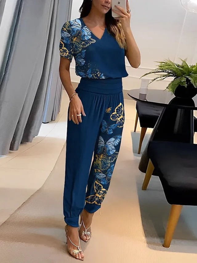Women's Shirt Pants Sets Black Yellow Royal Blue Graphic Butterfly Print Short Sleeve Casual Daily Vintage Fashion Streetwear V Neck Regular Fit Fall & Winter