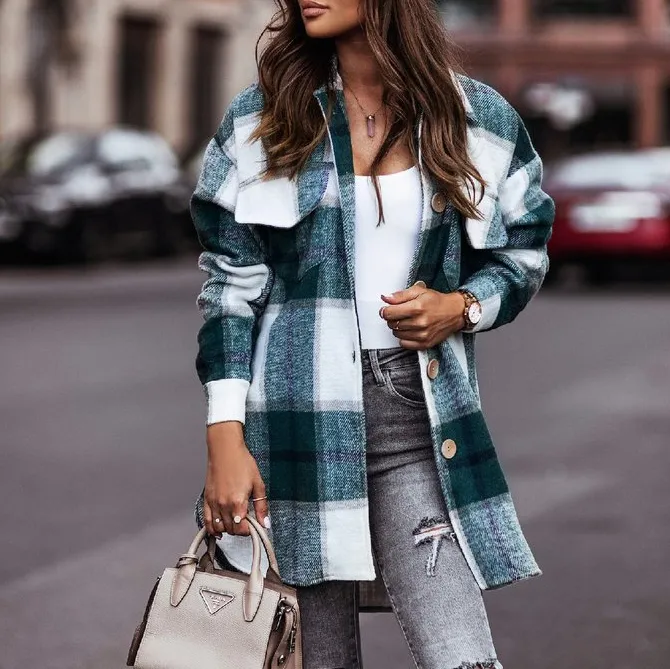 Casual Plaid Front Pocket Lapel Coat