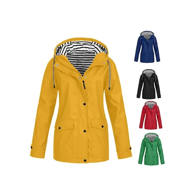 Women's Raincoat Waterproof Jacket Winter Windproof Trench Coat Fall Outdoor Hiking Jacket Winter Coat Zip up Hooded Jacket with Pocket Warm Outerwear Long Sleeve Pink Yellow White Gray